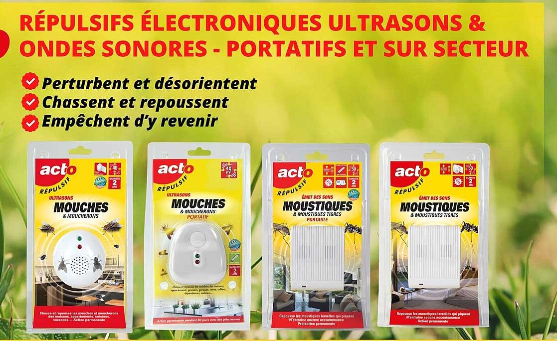 répulsifs électroniques ultrasons & ondes sonores - portatifs et sur secteur acto