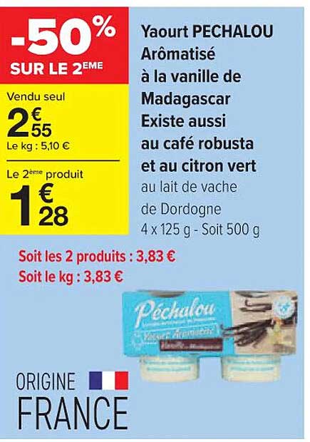 yaourt pechalou aromatisé à la vanille de madagascar existe aussi au café robusta et au citron vert