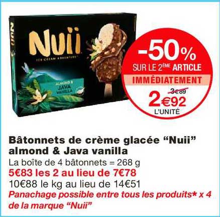 bâtonnets de crème glacée nuii almond & java vanilla -50% sur le 2ème article