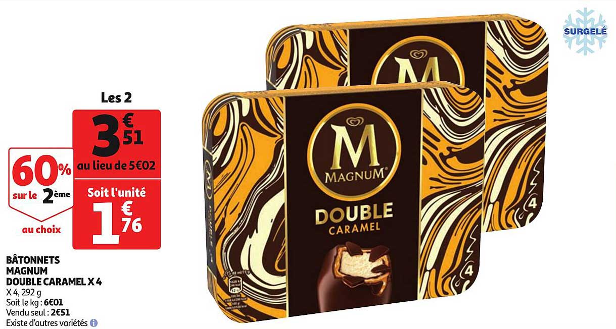 Bâtonnets Magnum Doubles Caramel X 4 60% Sur Le 2ème Au Choix