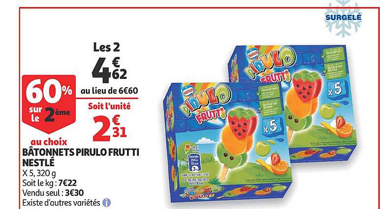 bâtonnets pirulo frutti nestlé 60% sur le 2ème au choix