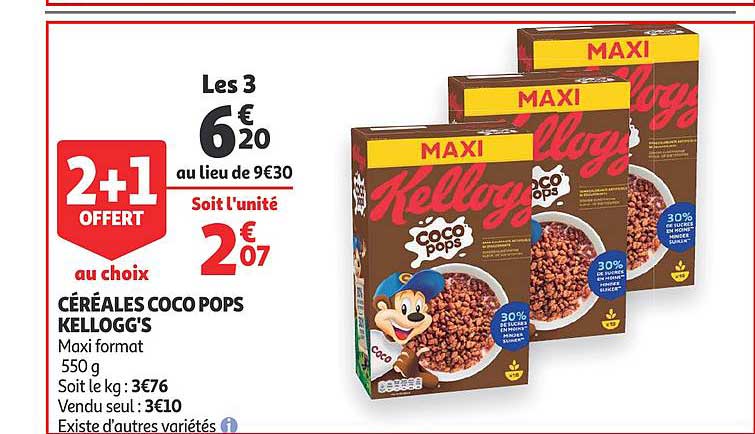 céréales coco pops kellogg's 2+1 offert au choix