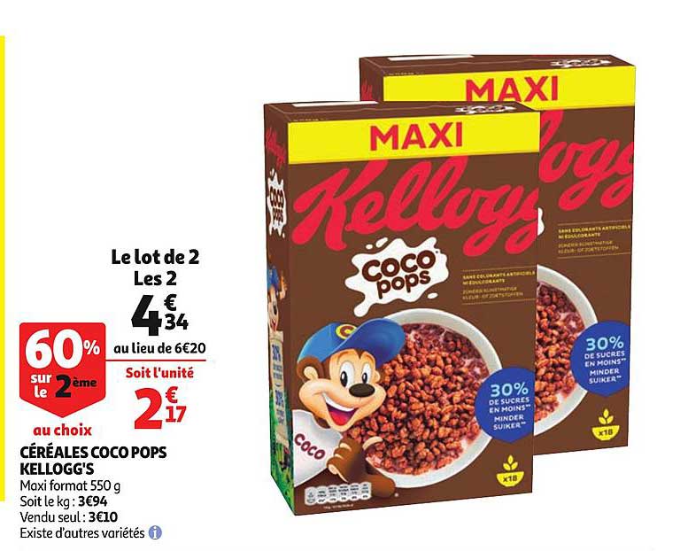 céréales coco pops kellogg's 60% sur le 2ème au choix