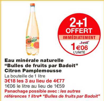 eau minérale naturelle bulles de fruits par badoit citron pamplemousse 2+1 offert