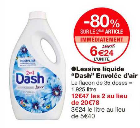 lessive liquide dash envolée d'air -80% sur le 2ème article