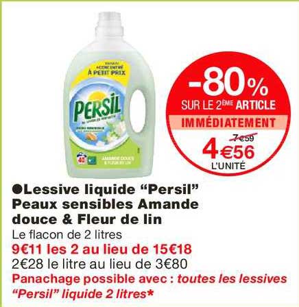 lessive liquide persil peaux sensibles amande douce & fleur de lin -80% sur le 2ème article