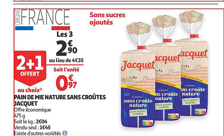 Pain De Mie Nature Sans Croûtes Jacquet 2+1 Offert Au Choix
