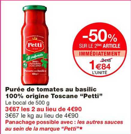 Purée De Tomates Au Basilic 100% Origine Toscane Petti -50% Sur Le 2ème Article