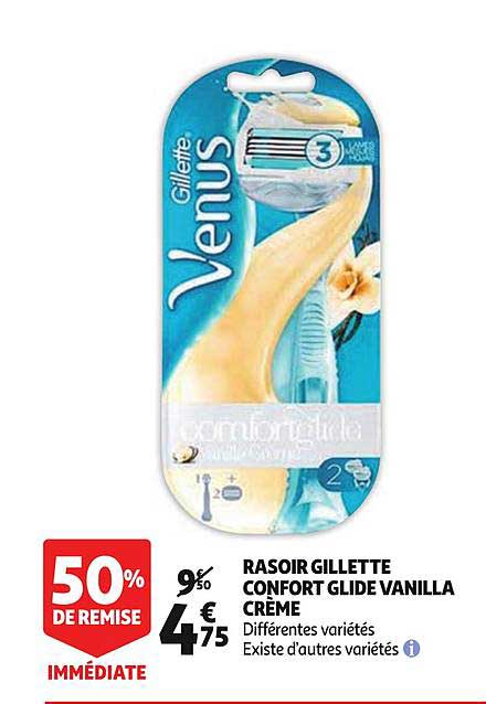 rasoir gillette confort glide vanilla crème 50% de remise immédiate