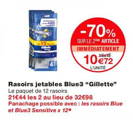 rasoirs jetables blue3 gillette -70% sur le 2ème article