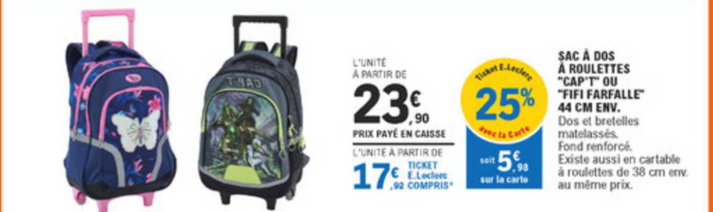 sac à dos à roulettes cap t ou fifi farfalle 44 cm env.