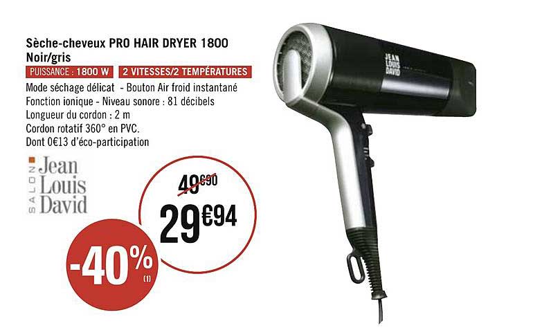 sèche cheveux pro hair dryer 1800 noir gris salon jean louis david