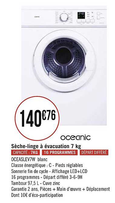 sèche linge à évacuation 7 kg oceanic