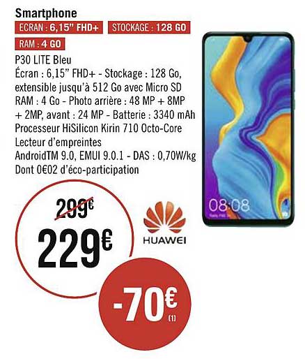 smartphone p30 lite bleu huawei