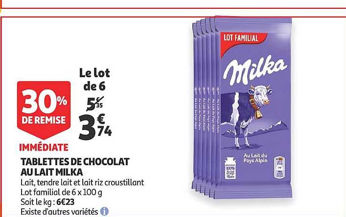 tablettes de chocolat au lait milka 30% de remise immédiat