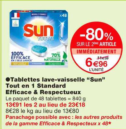 tablettes lave vaisselle sun tout en 1 standard efficace & respectueux -80% sur le 2ème article