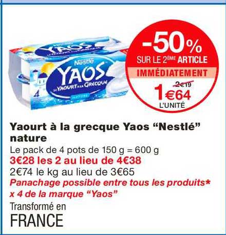 Yaourt à La Grecque Yaos Nestlé Nature -50% Sur Le 2ème Article