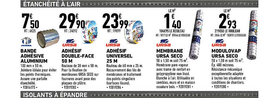 Bande Adhésive Aluminium, Adhésif Double-face 50 M, Adhésif Universel 25 M, Membrane Ursa Seco, Modulovap Ursa Seco