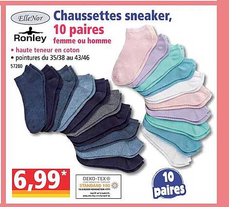 chaussettes sneaker, 10 paires femme ou homme elleno, ronley