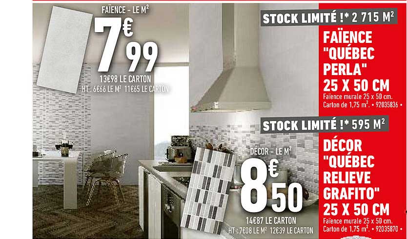 faïence "québec perla" 25 x 50 cm, décor "québec relieve grafito" 20 x 50 cm