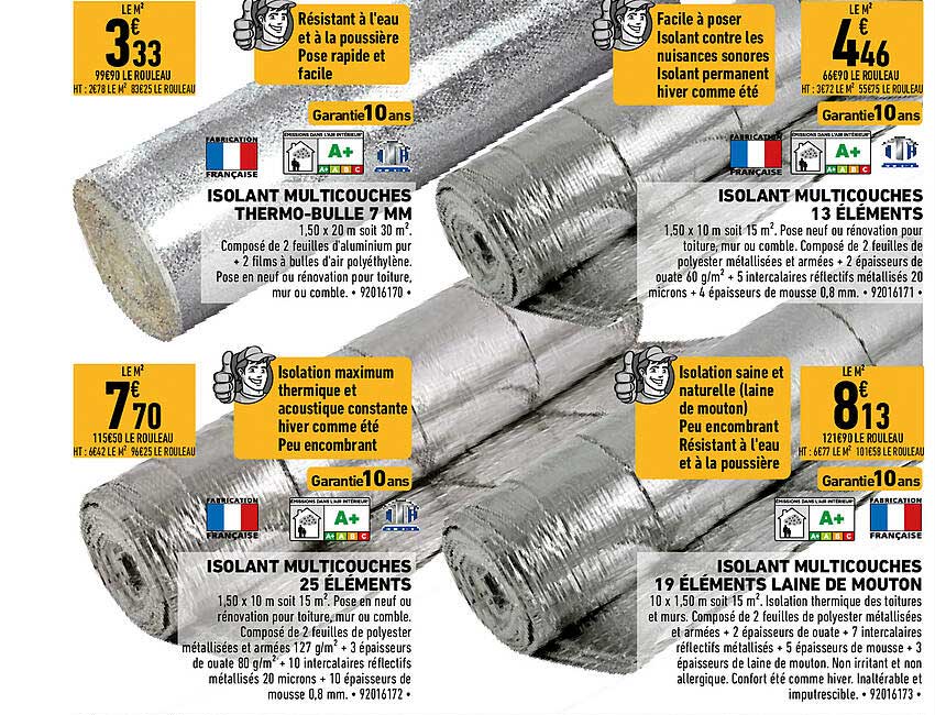 isolant multicouches thermo-bulle 7 mm, isolant multicouches 25 éléments, isolant multicouches 13 éléments, isolant multicouches 19 éléments laine de mouton
