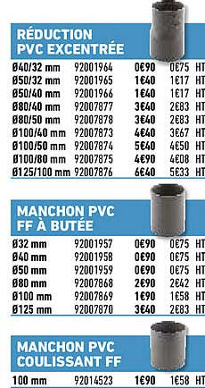 réduction pvc excentrée, manchon pvc ff à butée, mnchon pvc coulissant ff