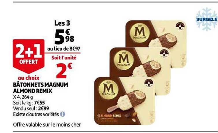 bâtonnets magnum almond remix 2+1 offert au choix
