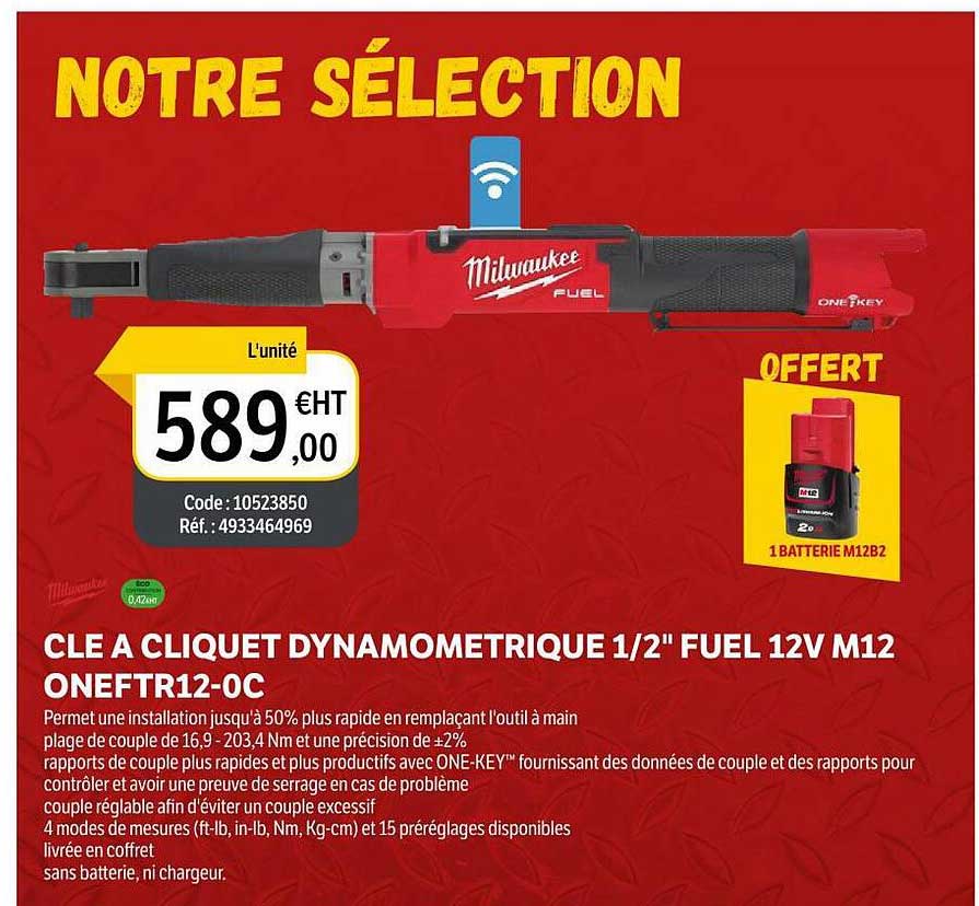 clé à cliquet dynamometrique 1 2" fuel 12v m12 oneftr12-oc
