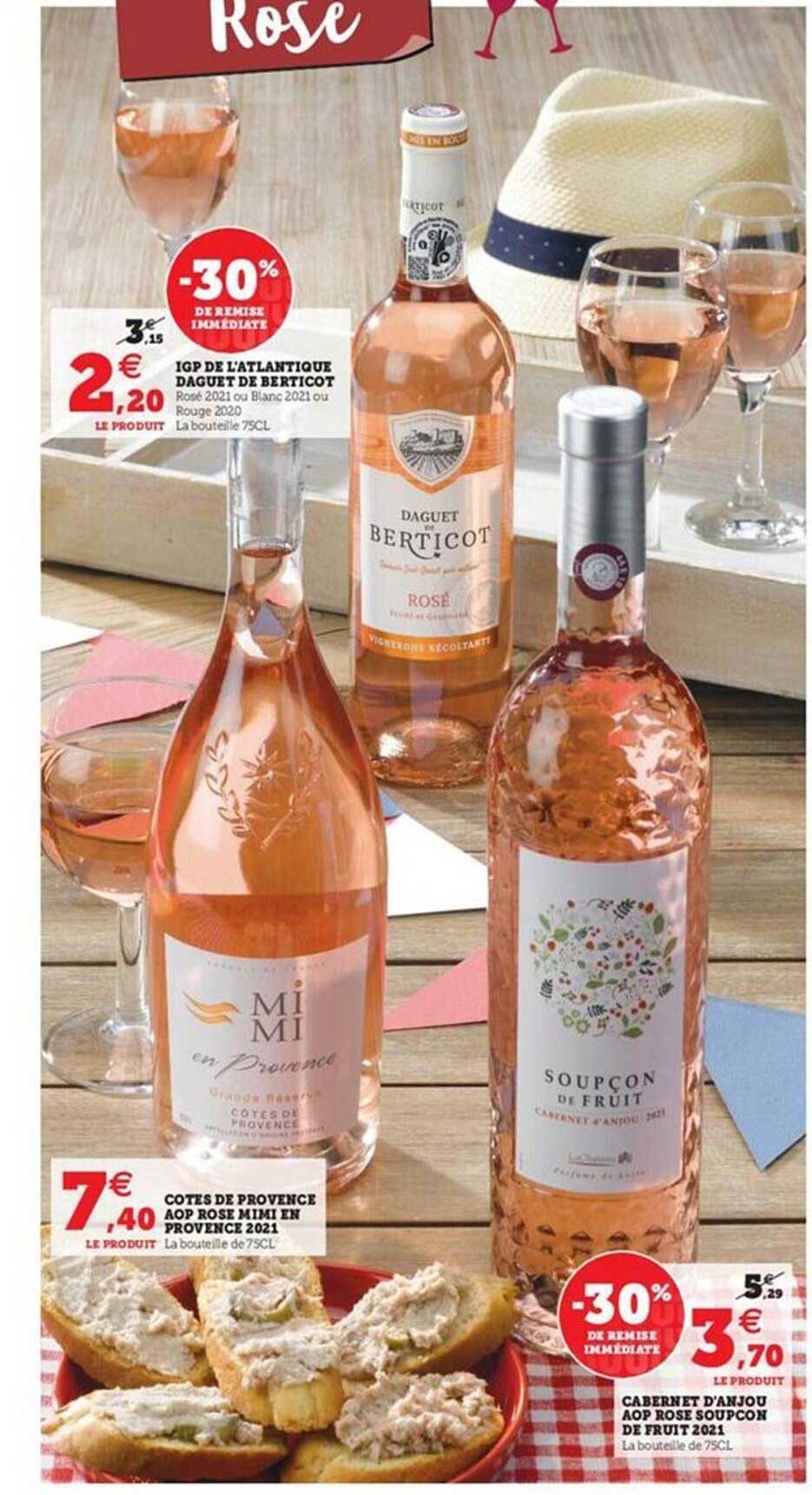 igp de l'atlantique daguet de berticot, côtes de provence aop rosé mimi en provence 2021, cabernet d'anjou aop rosé soupçon de fruit 2021