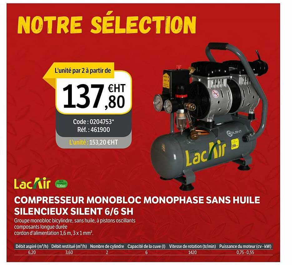 lacair compresseur monobloc monophase sans huile silencieux silent 6 6 sh