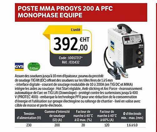 poste mma progys 200 a pfc monophase équipé