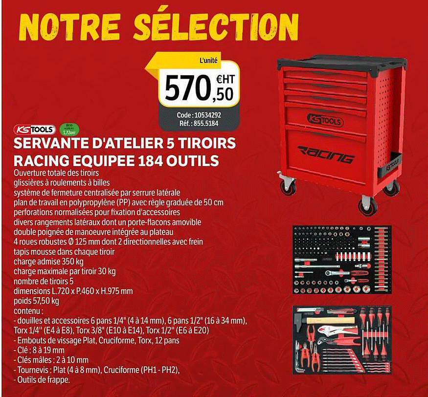 servante d'atelier 5 tiroirs racing équipée 184 outils