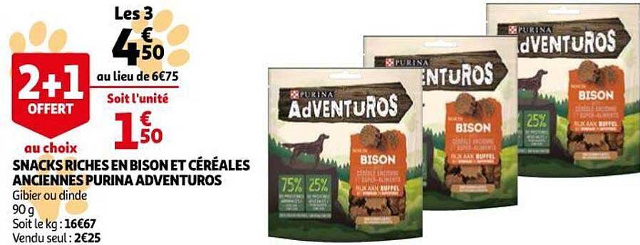 snacks riches en bison et céréales anciennes purina adventuros 2+1 offert aux choix