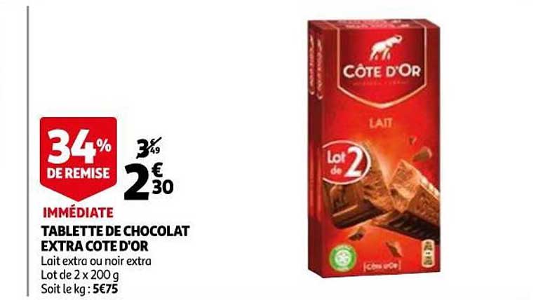 Tablette De Chocolat Extra Côte D'or 34% De Remise Immédiate