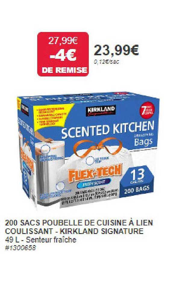 200 sacs poubelle de cuisine à lien coulissant - kirkland signature