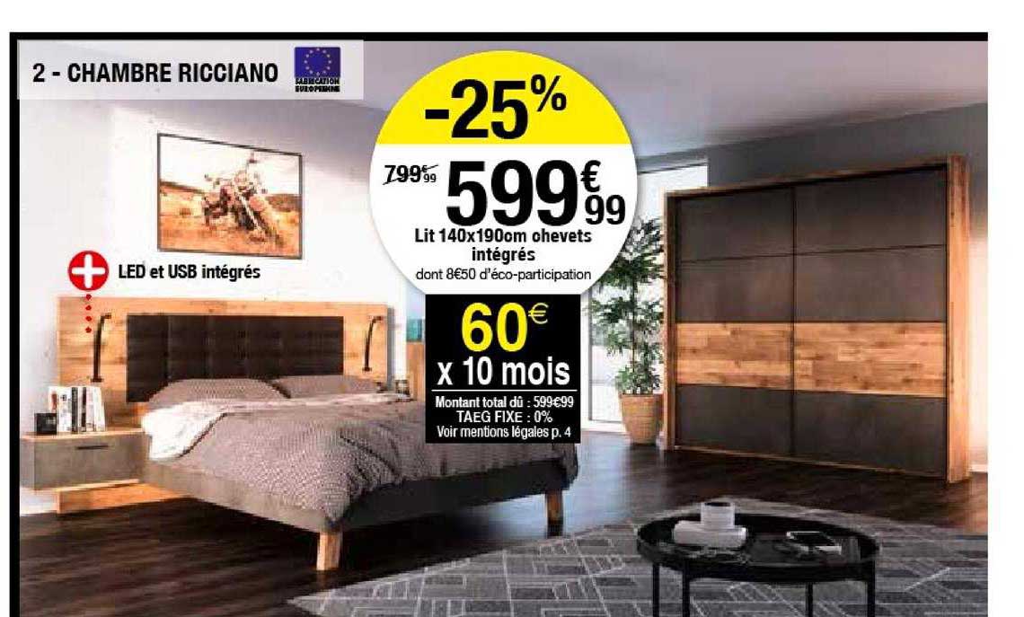 lit 140x190 cm chevets intégrés chambre ricciano