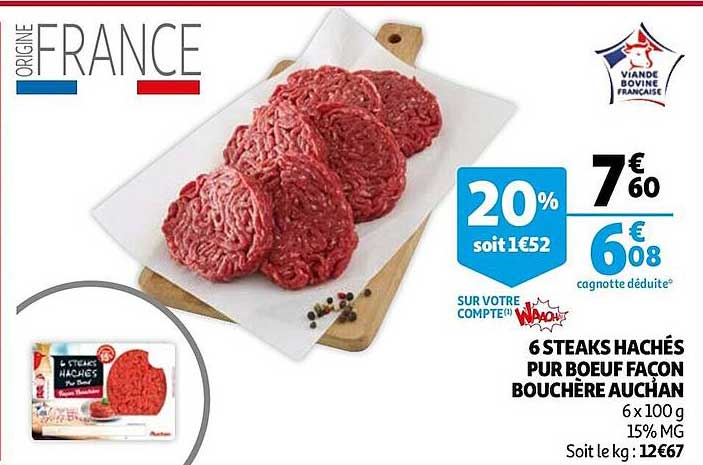6 steaks hachés pur boeuf façon bouchère auchan