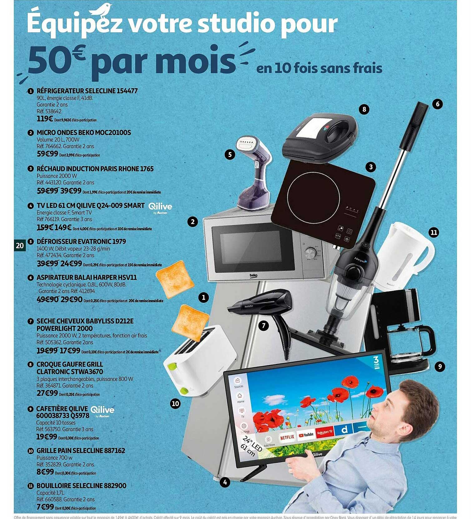 réfrigérateur selecline, micro ondes beko, réchaud induction paris rhône, tv led 61 cm qilive, défroisseur evatronic 1979, aspirateur balai harper, sèche cheveux babyliss, croque  gaufre grill,