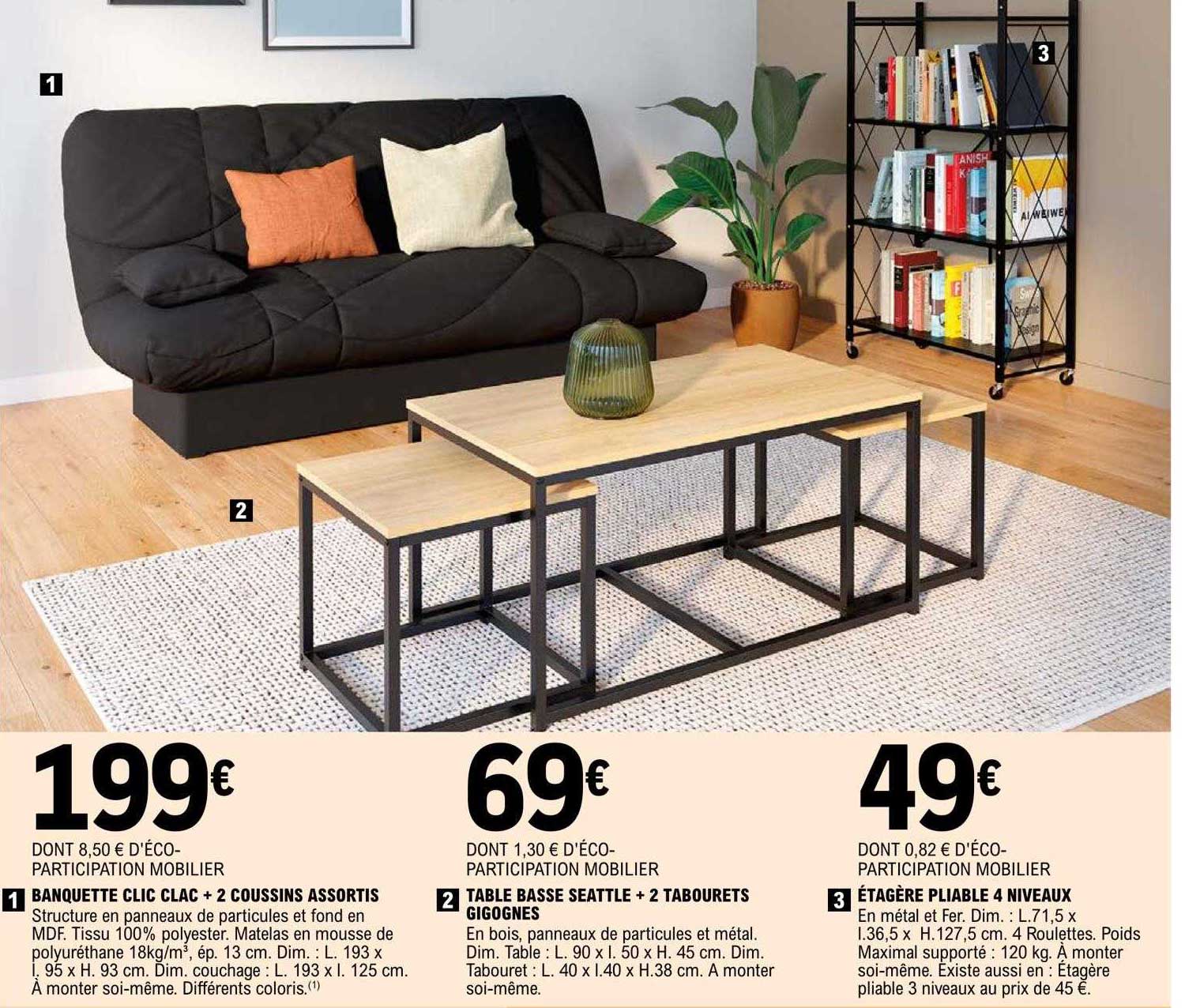 banquette clic clac + 2 coussins assortis, table basse seattle + 2 tabourets-gigognes, étagère pliable 4 niveaux