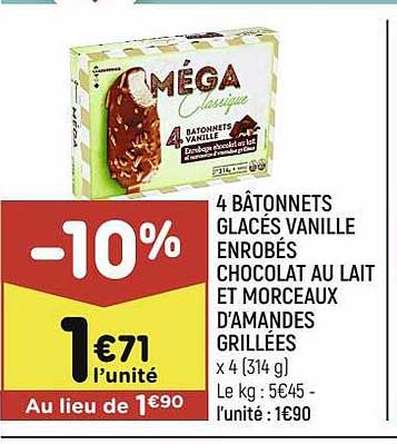 4 bâtonnets glacés vanille enrobés chocolat au lait et morceaux d'amandes grillées
