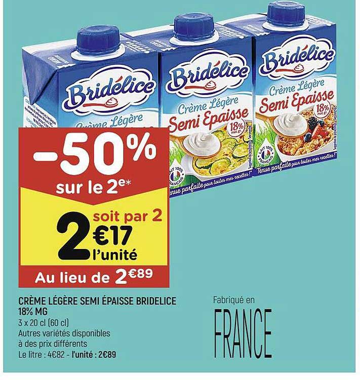 crème légère semi épaisse bridélice 18% mg