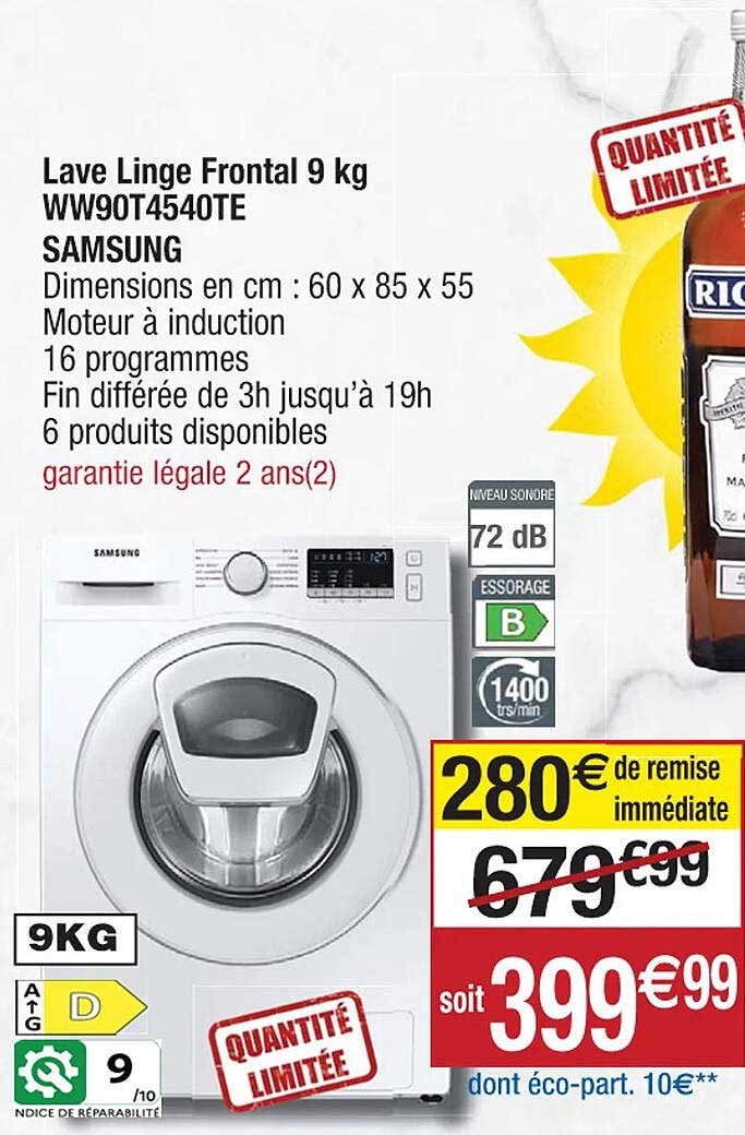 lave linge frontal 9 kg ww90t4540te samsung