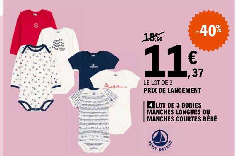 lot de 3 bodies manches longues ou manches courtes bébé petit bateau