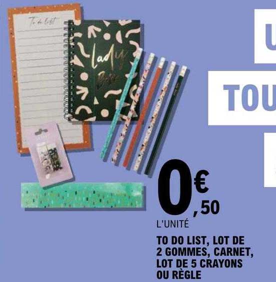 to do list, lot de 2 gommes, carnet, lot de 5 crayons ou règle