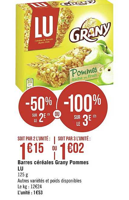 barres céréales grany pommes lu -50% sur le 2e