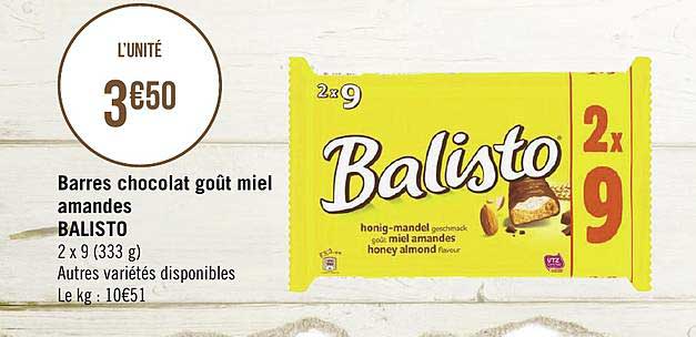 Barres Chocolat Goût Miel Amandes Balisto