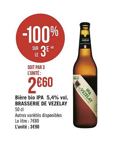 bière bio ipa 5.4%vol. brasserie de vezelay -100% sur le 3e