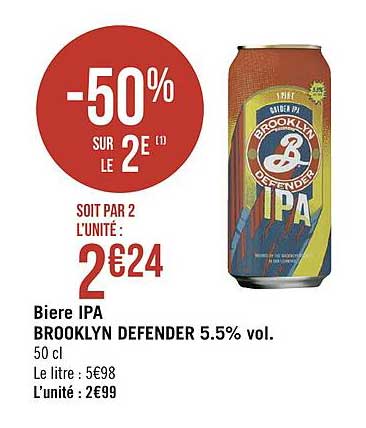 bière ipa brooklun defender 5.5% vol. -50% sur le 2e