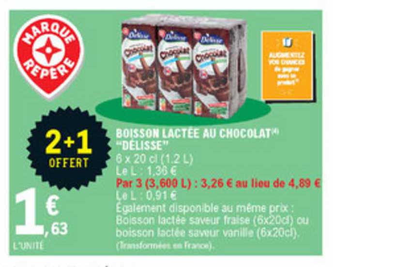 boisson lactée au chocolat "delisse" 2+1 offert