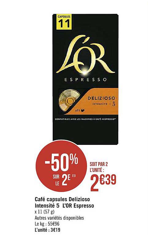 Café Capsules Delizioso Intensité 5 L'or Espresso -50% Sur Le 2e